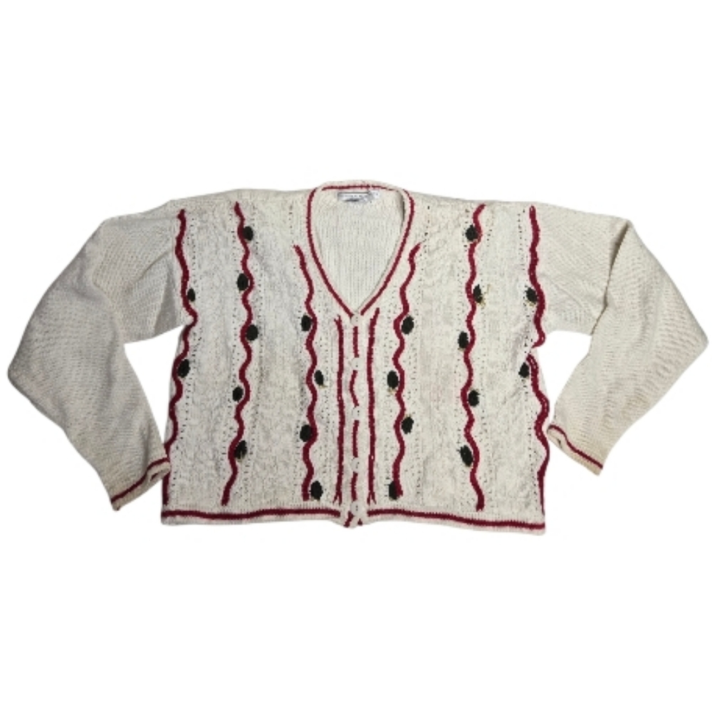 VINTAGE 90s knit holiday‎ holly mistletoe cardigan sweater M